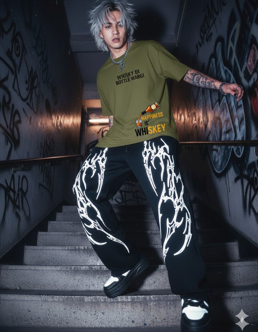 Black Flame Tribal Streetwear Pants – Oversized GenZ Edition